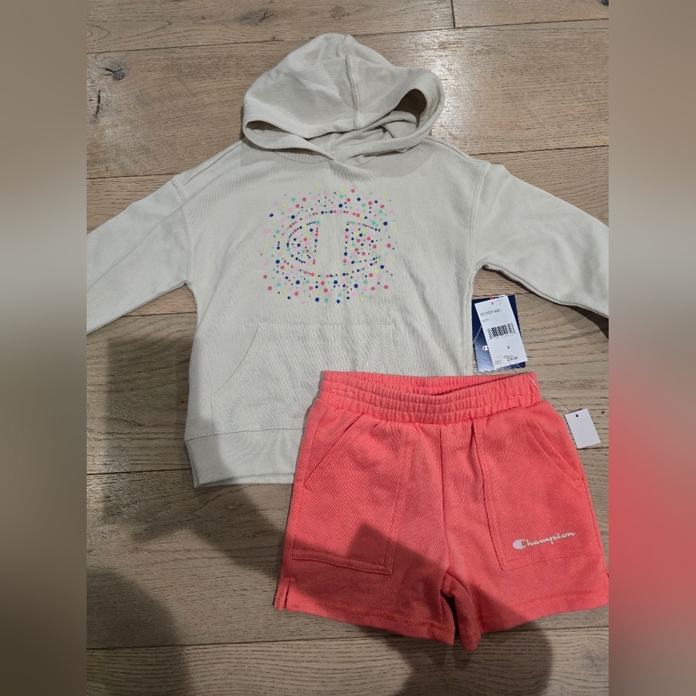 New Champion Beige Hoodie and Pink Shorts Set Kids 6